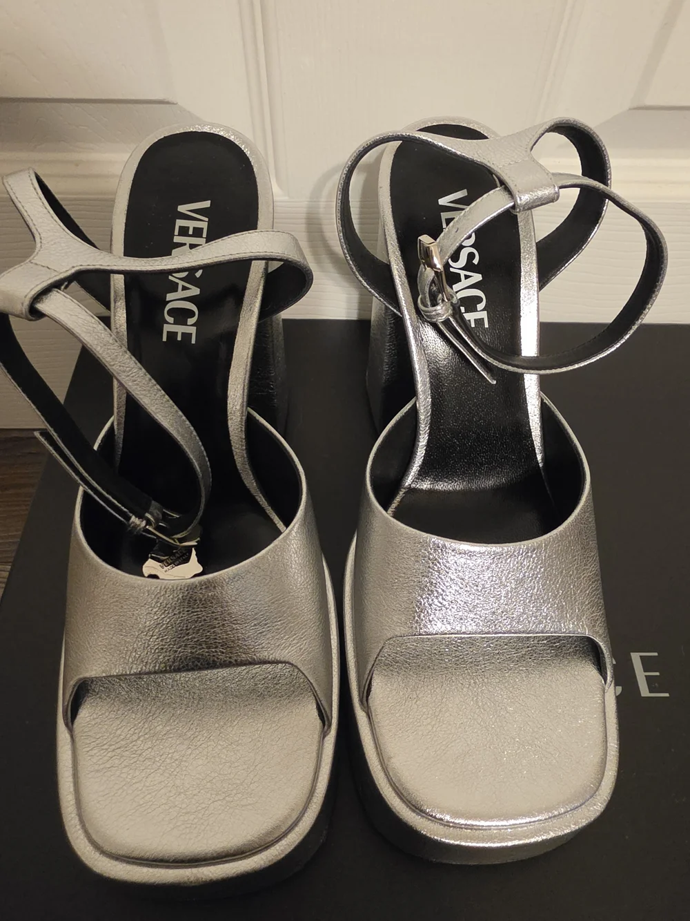 Versace Metallic Silver Platform Block-Heel Sandals 37